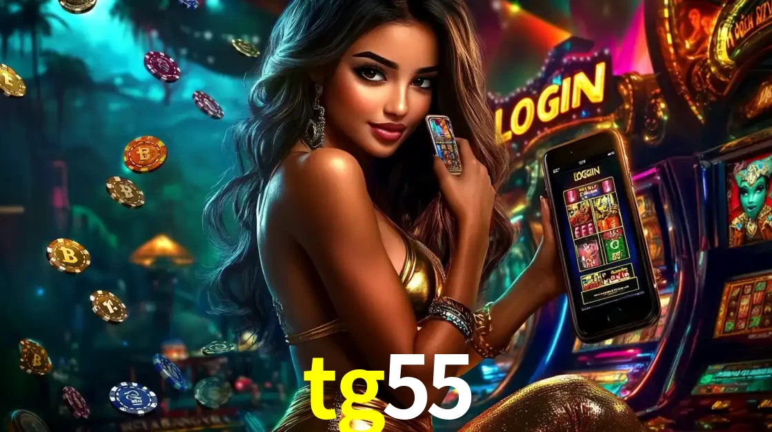 Mulher em um cenário de cassino temático de aventura, mostrando o app de caça-níqueis da tg55 no celular. Fichas de apostas flutuam ao redor.