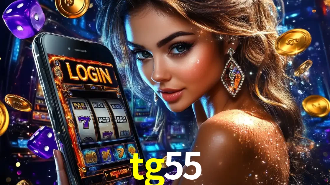 Mulher glamorosa segurando um smartphone com a tela de login para os jogos de caça-níqueis do cassino online tg55, com moedas de ouro e dados ao redor.