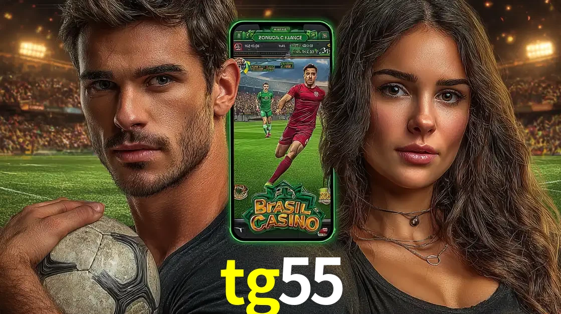 Homem segurando uma bola de futebol e uma mulher ao lado de um smartphone exibindo o jogo de apostas esportivas da tg55. Faça seu palpite no cassino online.